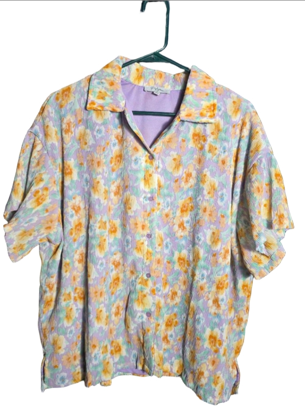 Women's Polagram Floral Button Down Shirt L Purple Orange boho hippie cottage